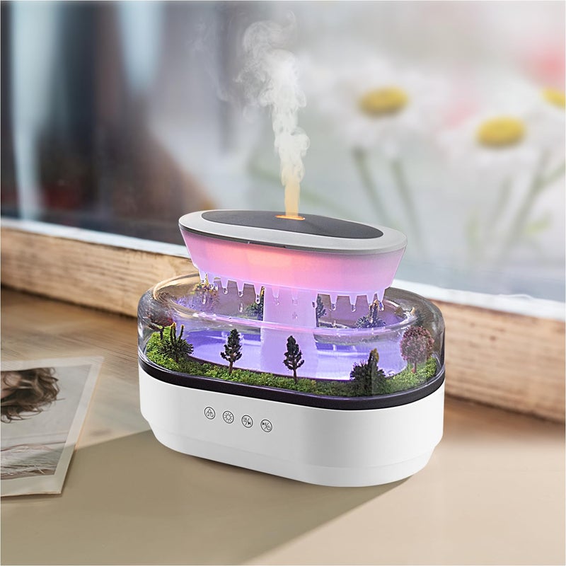 HIROGA Rain Diffuser 250ML Essential Oil Diffuser Cloud Humidifier Rain Water Drip Humidifier with Drip Music Micro Landscape Ultrasonic Diffuser for Bedroom White